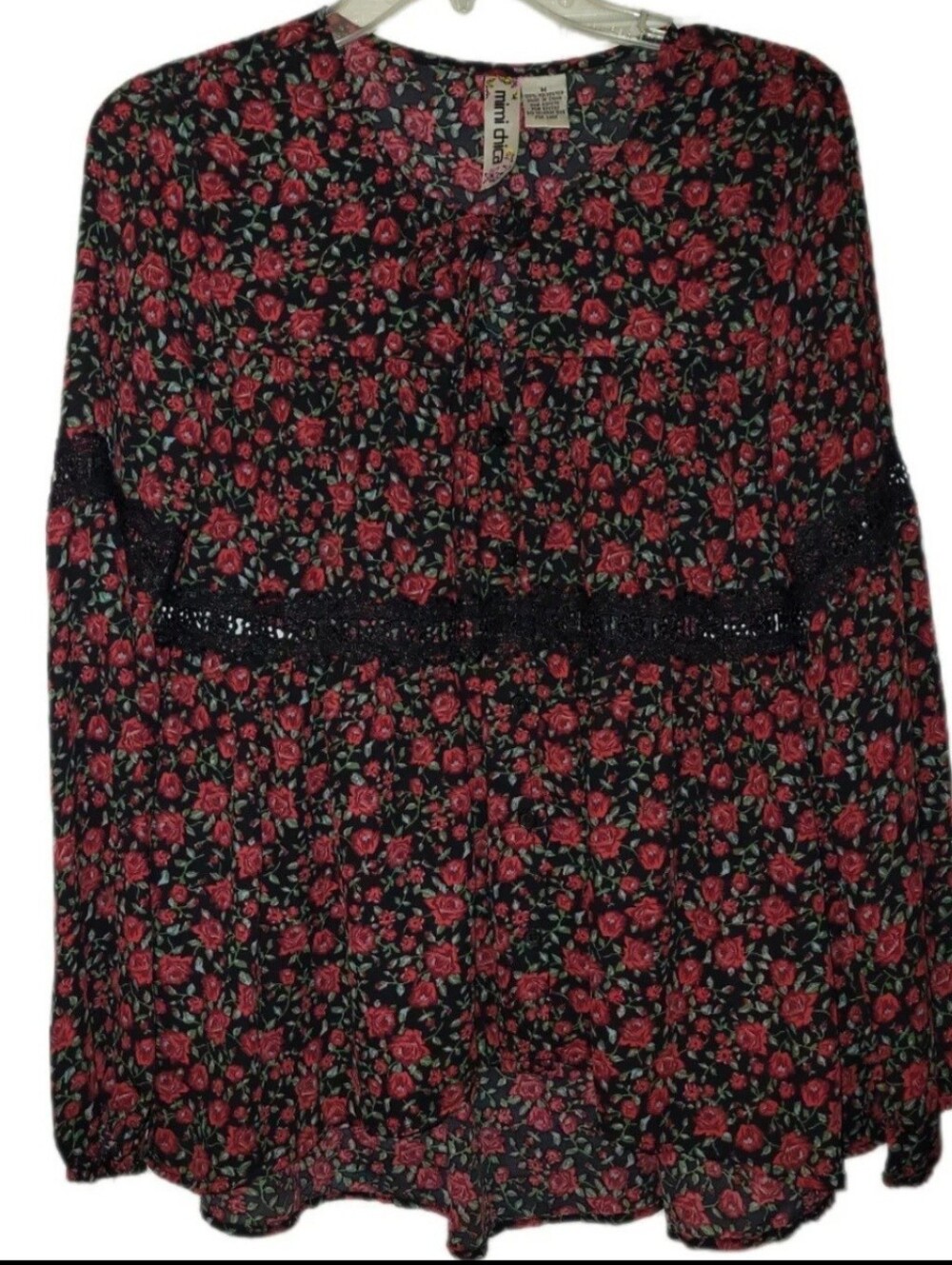 Mimi Chica Romantic Rose Crochet Lace Accents Button Up Balloon Sleeve Sz Med